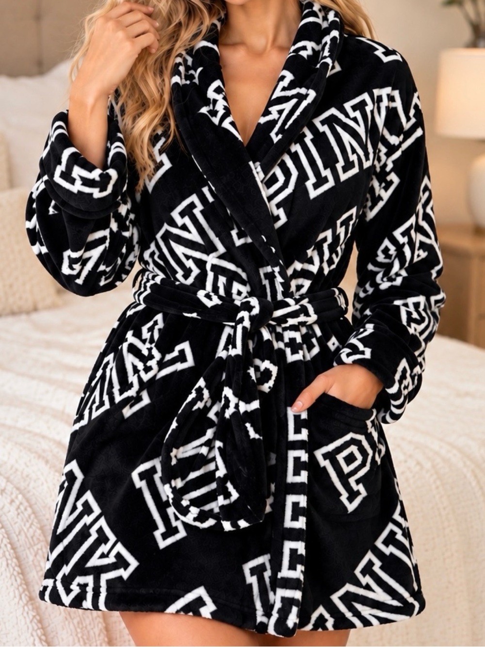 PINK Victoria's Secret Black & White Logo Plush Robe